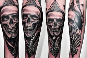 A tattoo of a combat dagger with a half female half skeleton woman in the blindfolded blade adorned with a bloody diamond, minimalist tattoo style tattoo idea