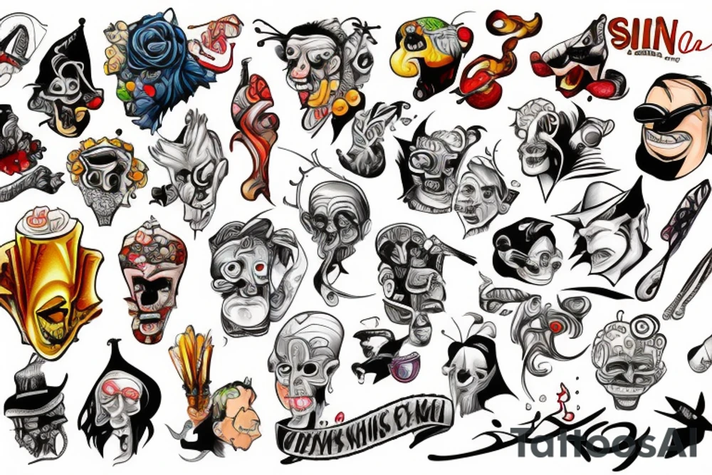 Seven sins on cartoon color tattoo idea