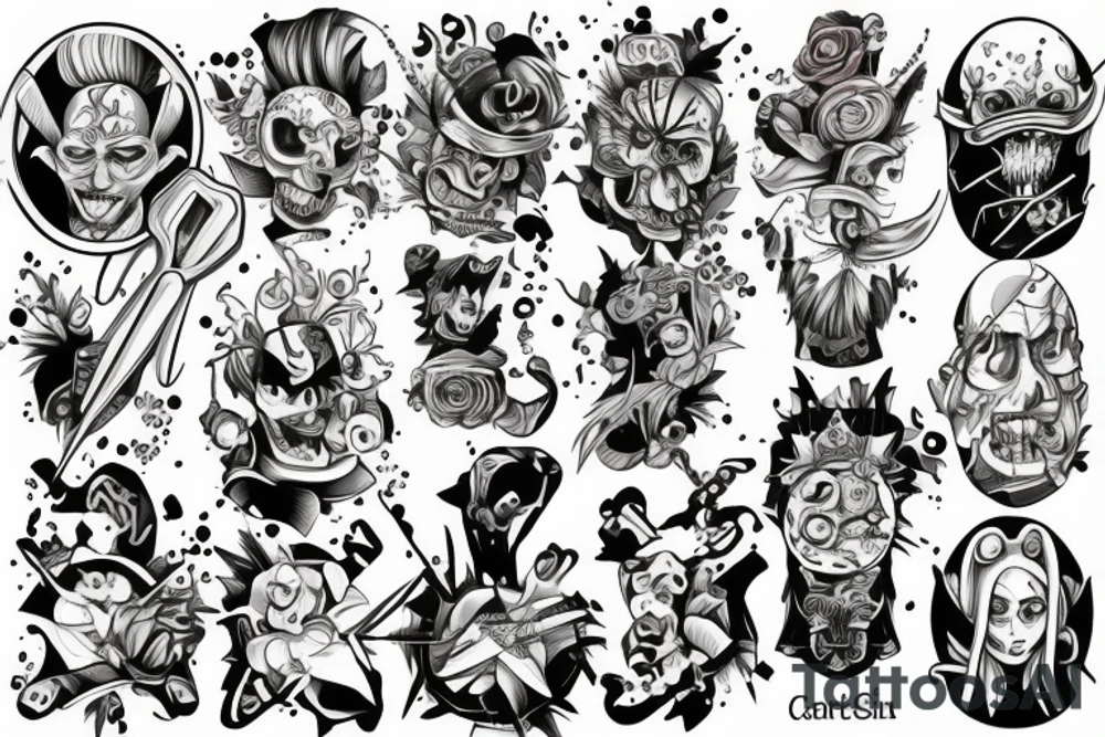 Seven sins on cartoon color tattoo idea