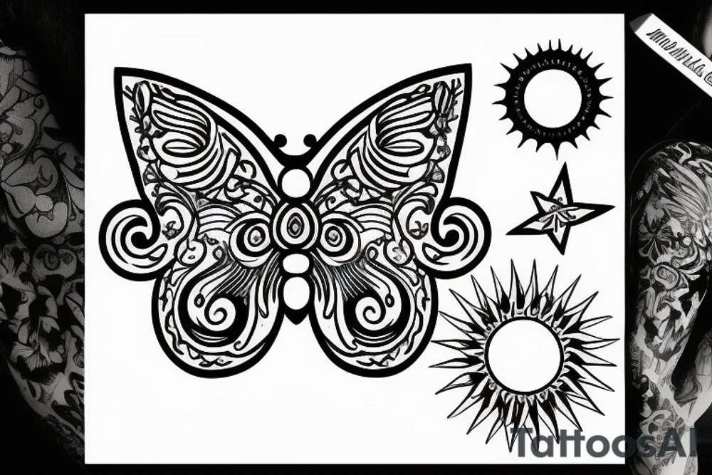 Butterfly with sun and star's tattoo idea
