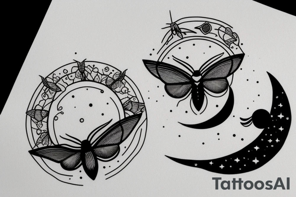 Moth and a moon in a circular patter tattoo idea