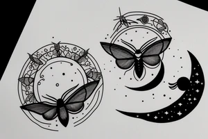 Moth and a moon in a circular patter tattoo idea