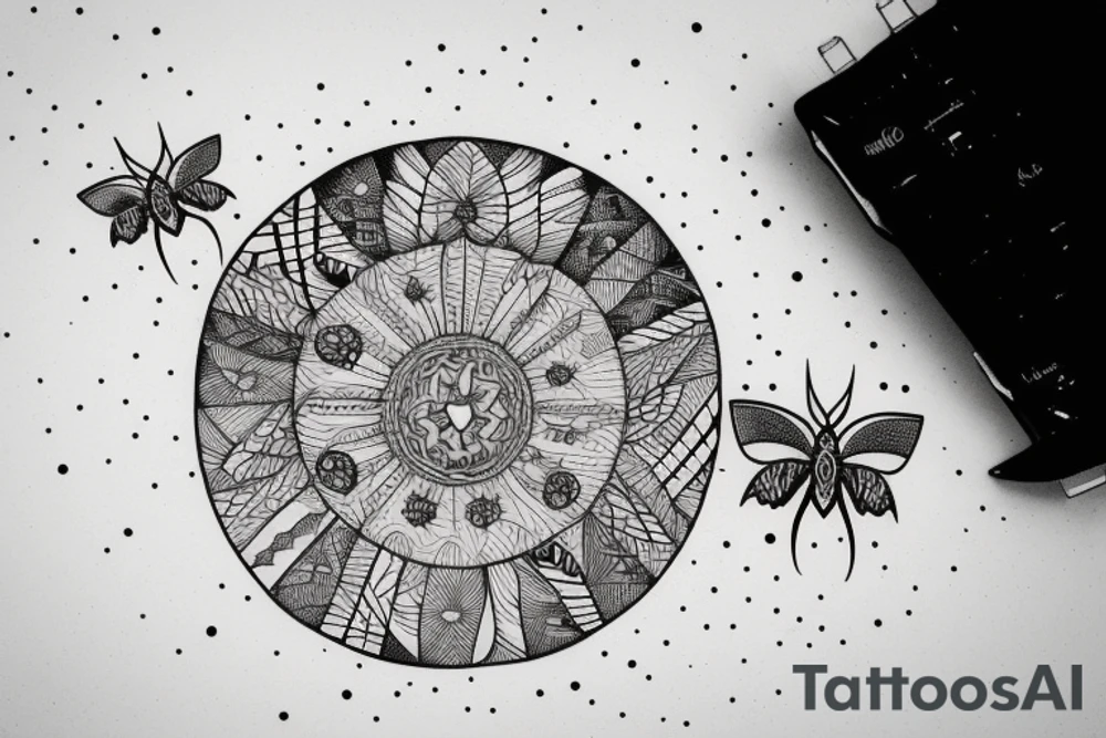 Moth and a moon in a circular patter tattoo idea