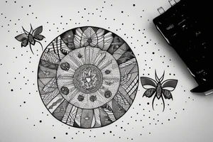 Moth and a moon in a circular patter tattoo idea