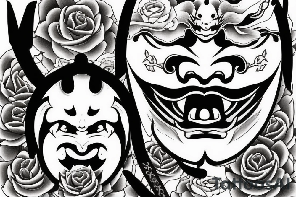 The hannya mask, inside of mask is a sword with rose tattoo idea