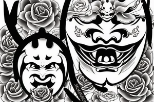 The hannya mask, inside of mask is a sword with rose tattoo idea