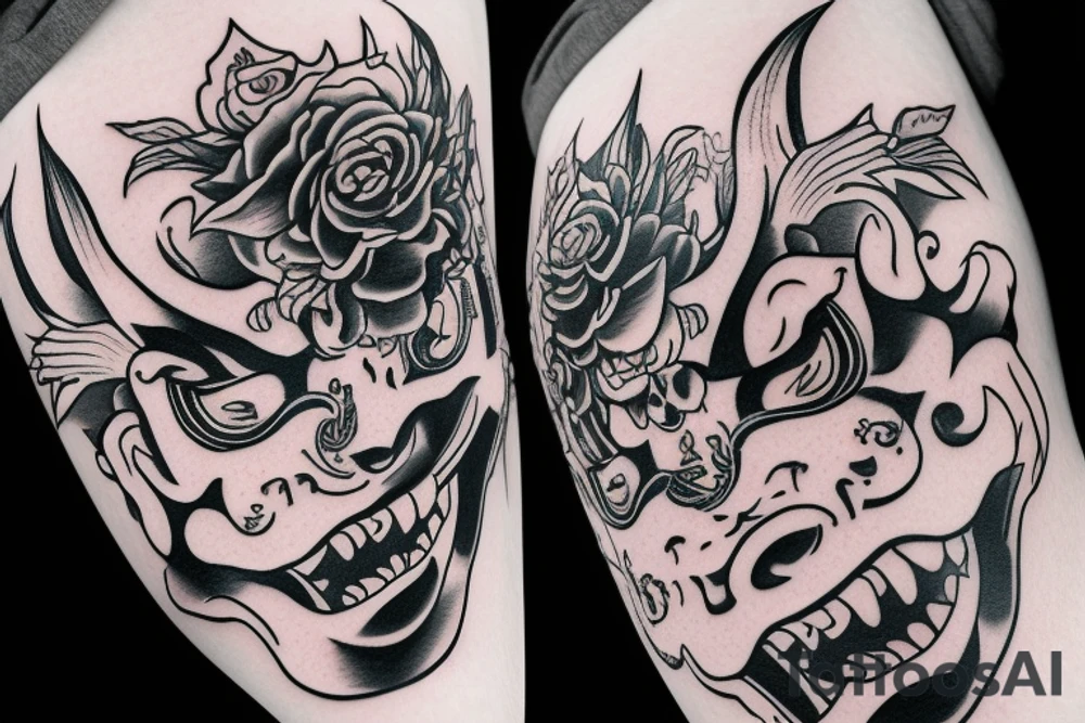 The hannya mask, inside of the mask is a sword with rose tattoo idea