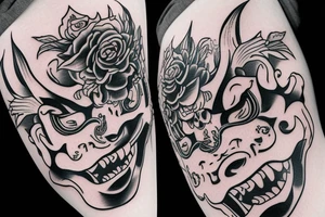 The hannya mask, inside of the mask is a sword with rose tattoo idea