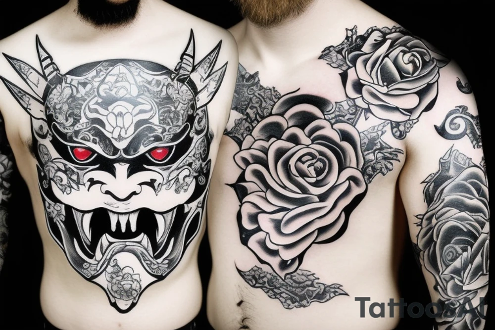 The hannya mask, inside of the mask is a sword with rose tattoo idea