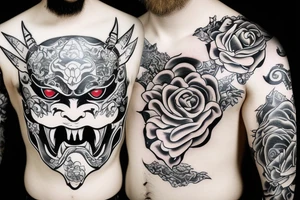 The hannya mask, inside of the mask is a sword with rose tattoo idea