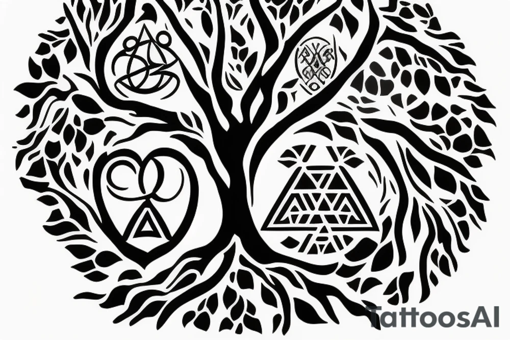 tree of life containing the logo of god of war and the Triforce and the phrase ALL WE NEED IS LOVE tattoo idea