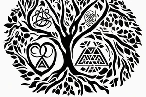 tree of life containing the logo of god of war and the Triforce and the phrase ALL WE NEED IS LOVE tattoo idea