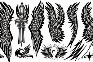 flaming sword angel wings and light rays surrounding tattoo idea