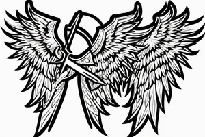 flaming sword angel wings and light rays surrounding tattoo idea