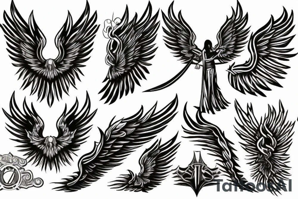 flaming sword angel wings and light rays surrounding tattoo idea