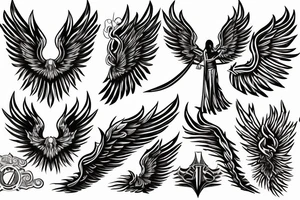 flaming sword angel wings and light rays surrounding tattoo idea