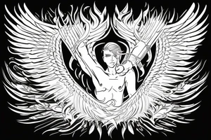 flaming sword angel wings and light rays surrounding tattoo idea