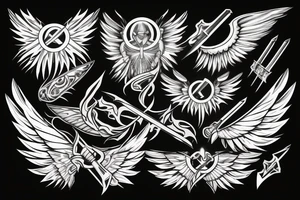 flaming sword angel wings and light rays surrounding tattoo idea