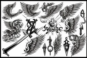 flaming sword angel wings and light rays surrounding tattoo idea