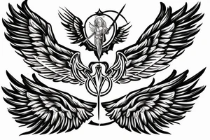flaming sword angel wings and light rays surrounding tattoo idea