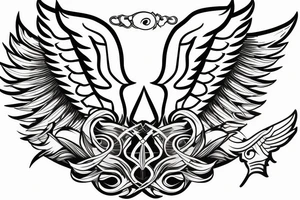 flaming sword angel wings and light rays surrounding tattoo idea