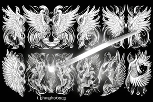 flaming sword angel wings and light rays surrounding tattoo idea