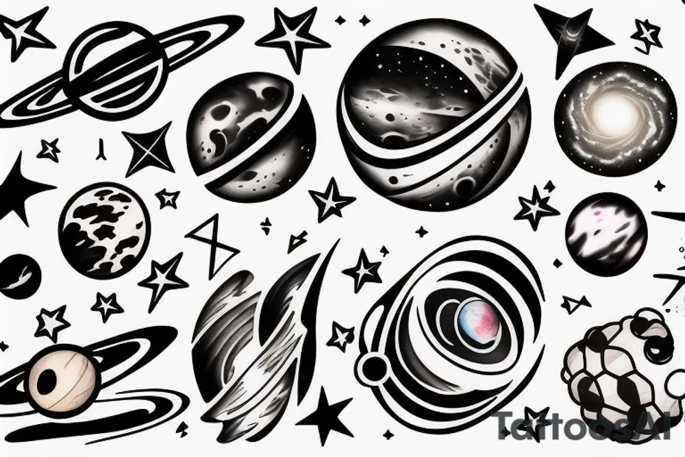 Planets, stars and galaxies with Physics equations tattoo idea