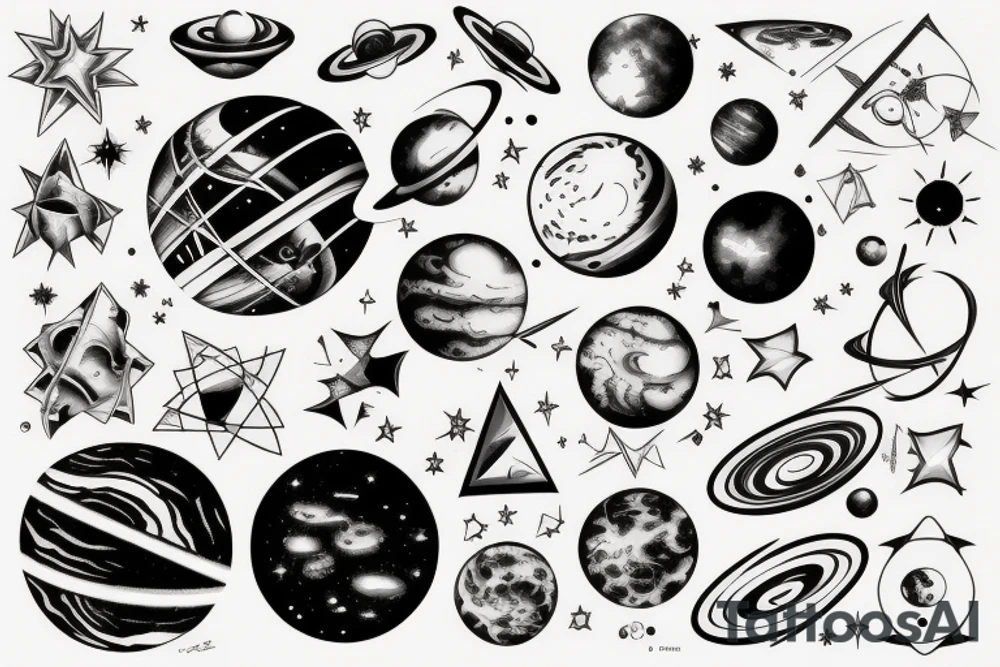 Planets, stars and galaxies with Physics equations tattoo idea