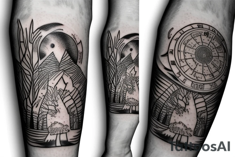 Half Forearm forest tattoo with futurama planet express ship flying tattoo idea