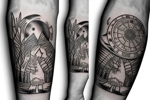Half Forearm forest tattoo with futurama planet express ship flying tattoo idea