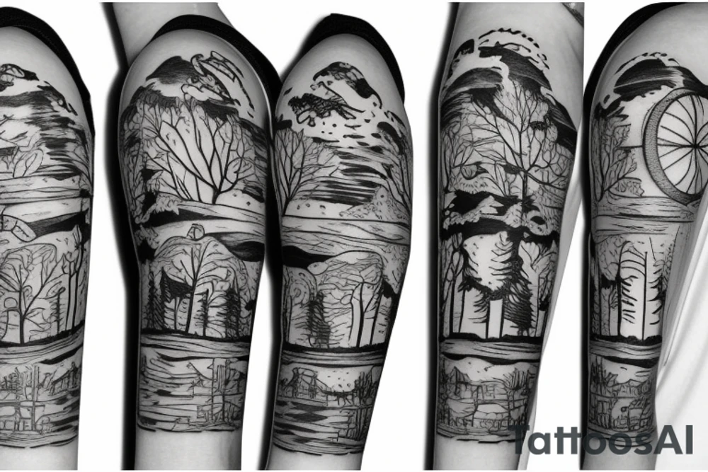 Half Forearm forest tattoo with futurama planet express ship flying tattoo idea