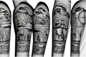 Half Forearm forest tattoo with futurama planet express ship flying tattoo idea
