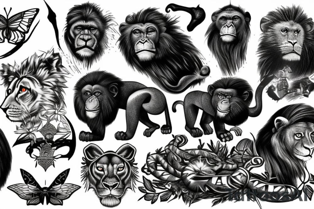 wise Lion, wise Lioness, Snake, Wolf with battle wounds, chimpanzee, hawk, butterflies tattoo idea