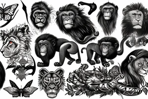 wise Lion, wise Lioness, Snake, Wolf with battle wounds, chimpanzee, hawk, butterflies tattoo idea