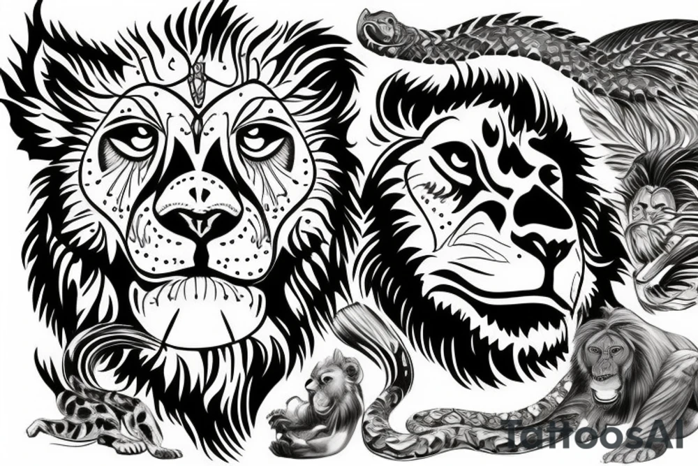 wise Lion, wise Lioness, Snake, Wolf with battle wounds, chimpanzee, hawk, butterflies tattoo idea