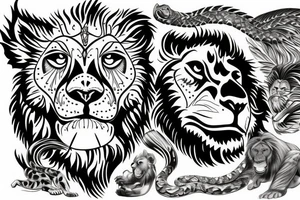 wise Lion, wise Lioness, Snake, Wolf with battle wounds, chimpanzee, hawk, butterflies tattoo idea
