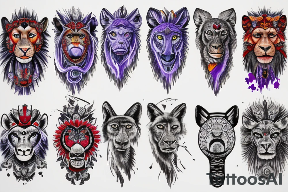 leg sleeve with a wise Lionwith red eyes, wise Lioness with blue eyes, Wolf with purple eyes and battle wounds, chimpanzee with blue eyes, hawk, butterflies with red spots and a snake with purpleish scales tattoo idea