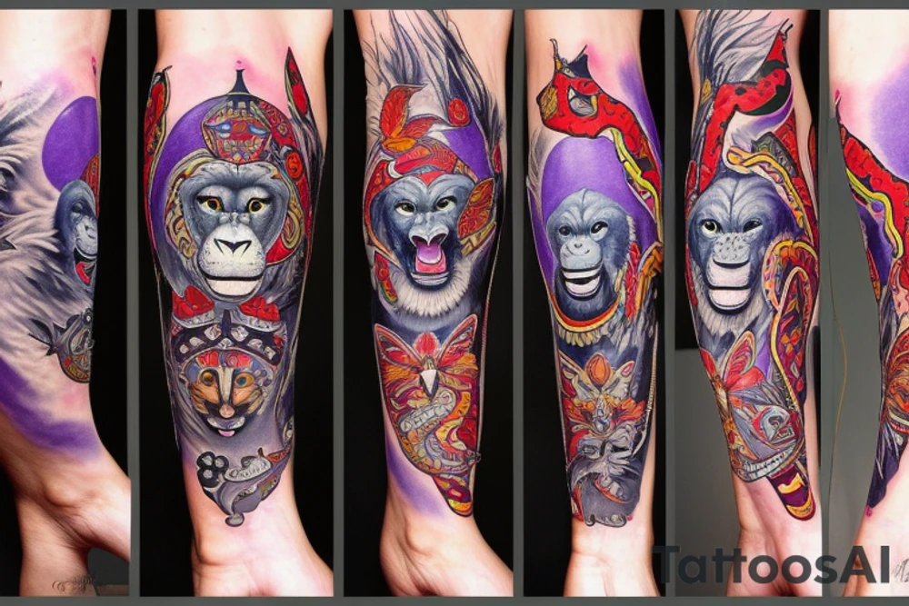 leg sleeve with a wise Lionwith red eyes, wise Lioness with blue eyes, Wolf with purple eyes and battle wounds, chimpanzee with blue eyes, hawk, butterflies with red spots and a snake with purpleish scales tattoo idea