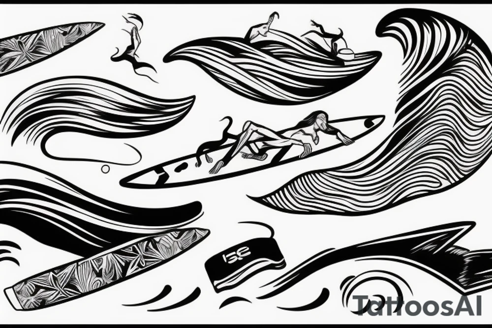 surfer on surfboard riding wave tattoo idea