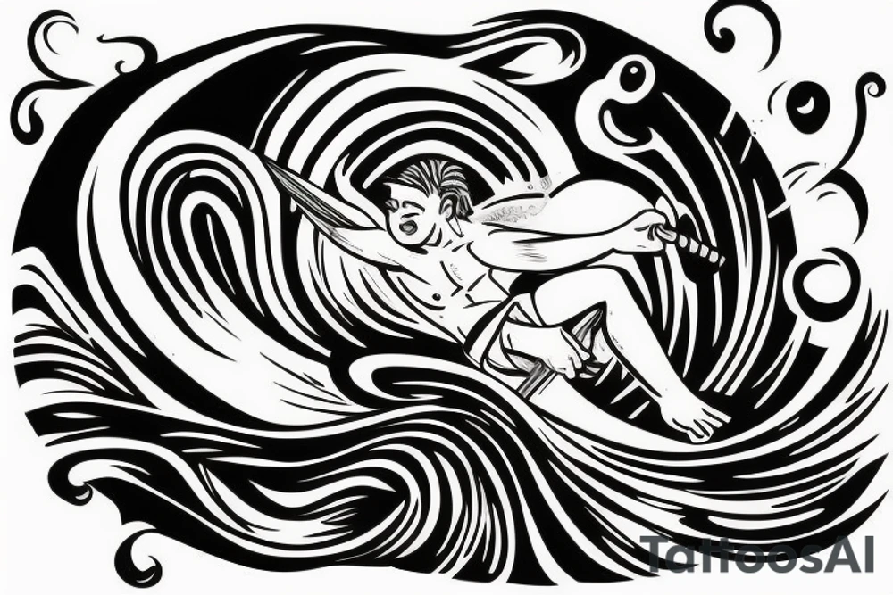 surfer on surfboard riding wave tattoo idea