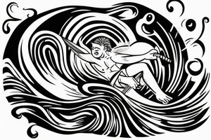 surfer on surfboard riding wave tattoo idea