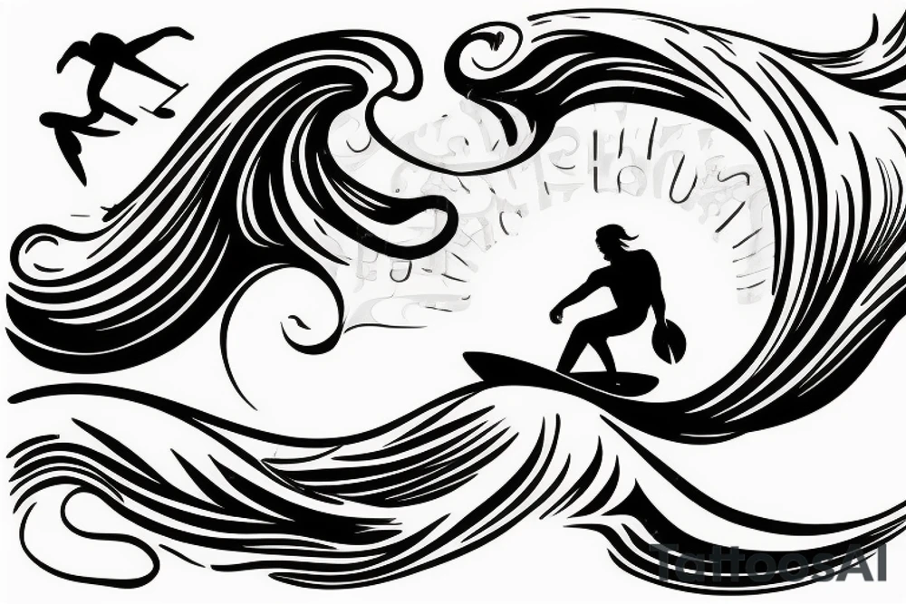 surfer on surfboard riding wave tattoo idea