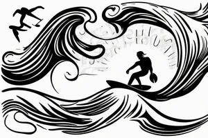 surfer on surfboard riding wave tattoo idea