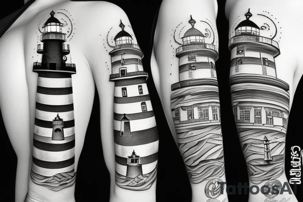 quarter sleeve lighthouse with a red ruby for a light tattoo idea quarter sleeve lighthouse with a red ruby for a light tattoo idea