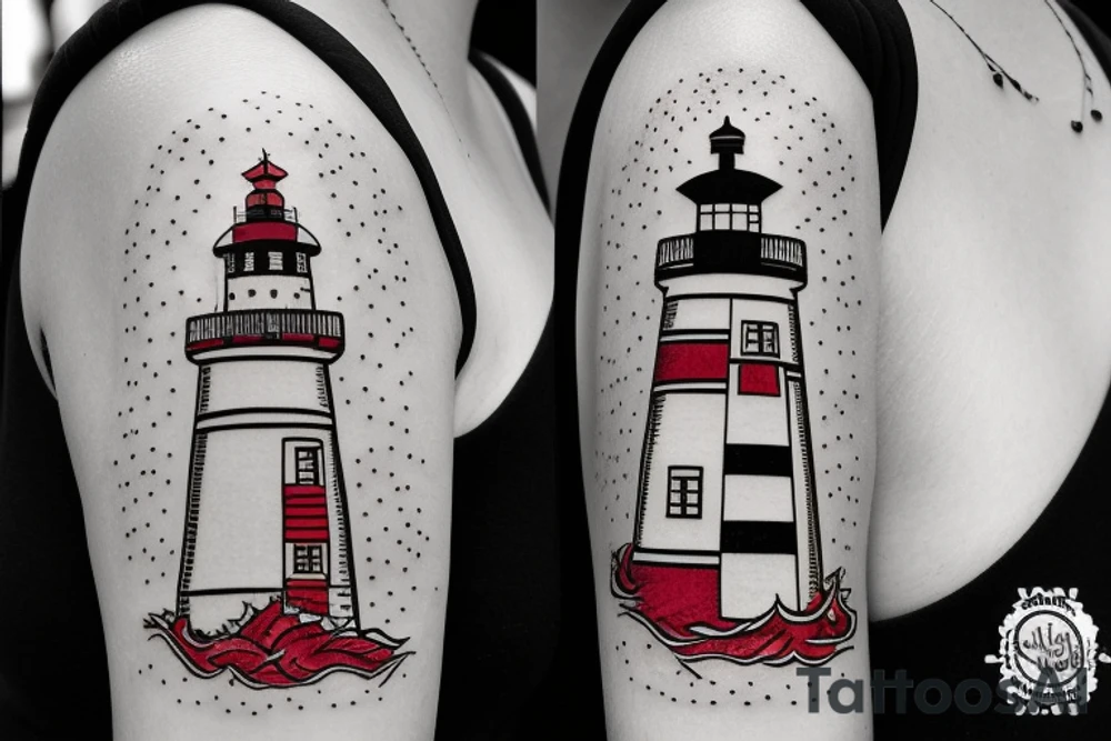 quarter sleeve lighthouse with a red ruby for a light tattoo idea quarter sleeve lighthouse with a red ruby for a light tattoo idea