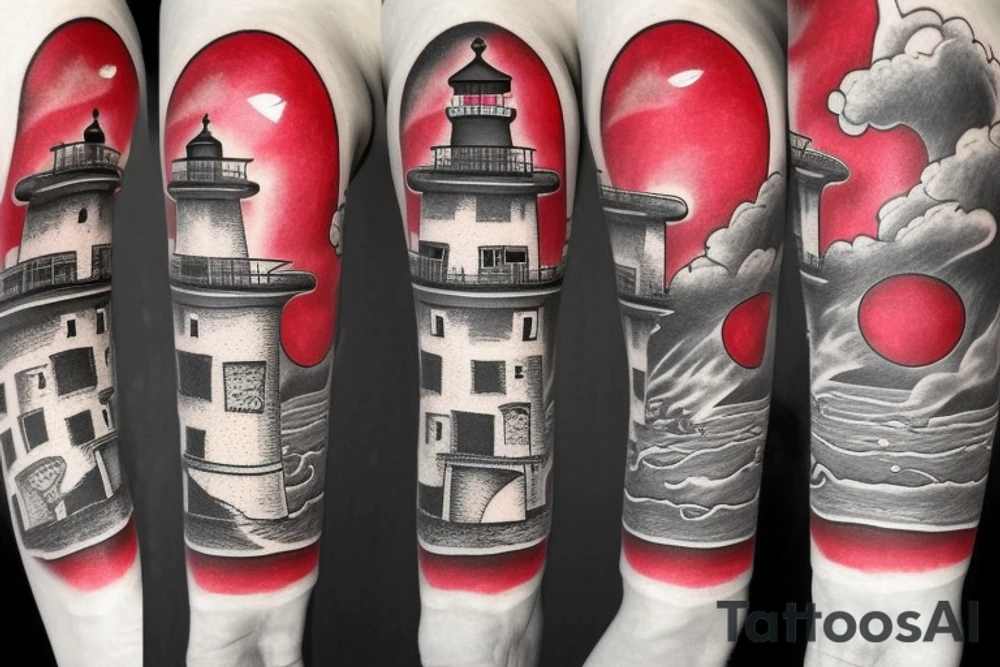 quarter sleeve lighthouse with a red ruby for a light tattoo idea
