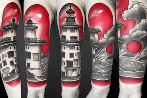 quarter sleeve lighthouse with a red ruby for a light tattoo idea