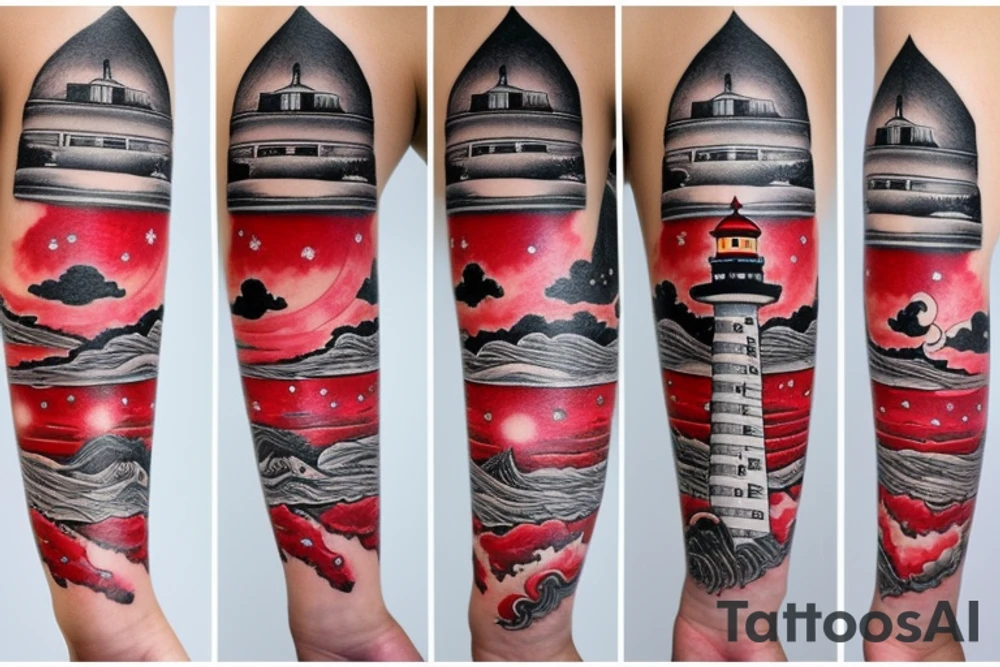 quarter sleeve lighthouse with a red ruby for a light tattoo idea