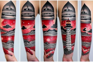 quarter sleeve lighthouse with a red ruby for a light tattoo idea