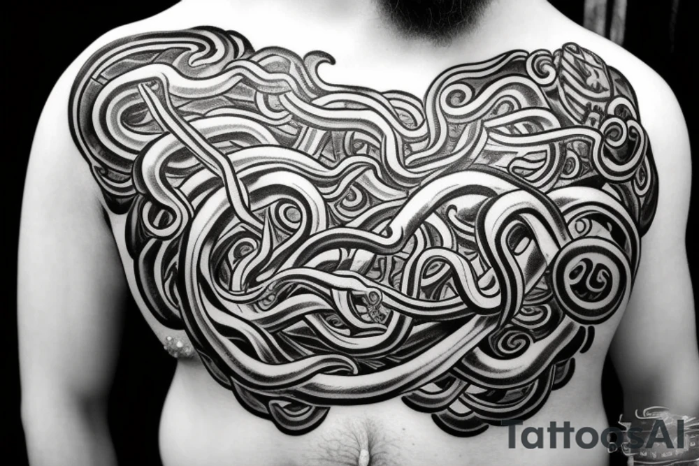 full body kraken in the shoulder region with tentacles holding nordic symbol with clouds surrounding the symbol descending to the deltoid region blackwork tattoo tattoo idea